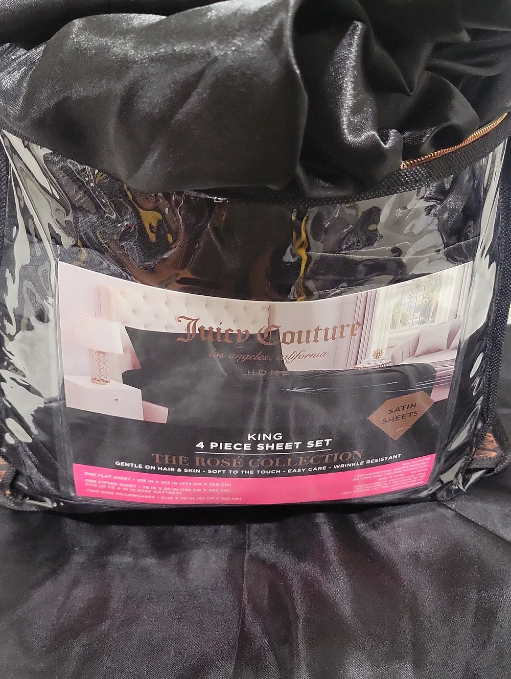 Juicy Couture Black Satin King 4-Piece Sheet Set